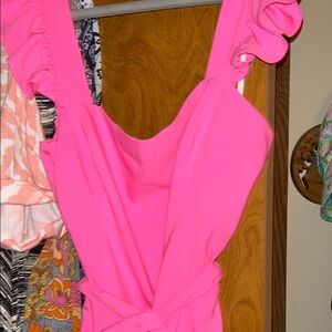 Lilly Pulitzer Vibrant Pink  Jumpsuit ruffled sleeve zippered but back with sash